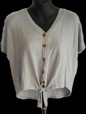 Pink Republic Light Blue/Green Button Up Top with Tie Front